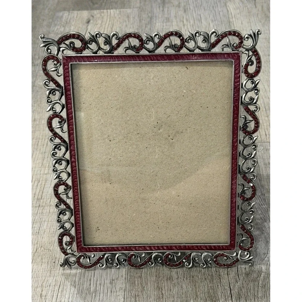 Vtg. Gothic Romantic Victorian Silver Filagree Frame With Red Rhinestone Border